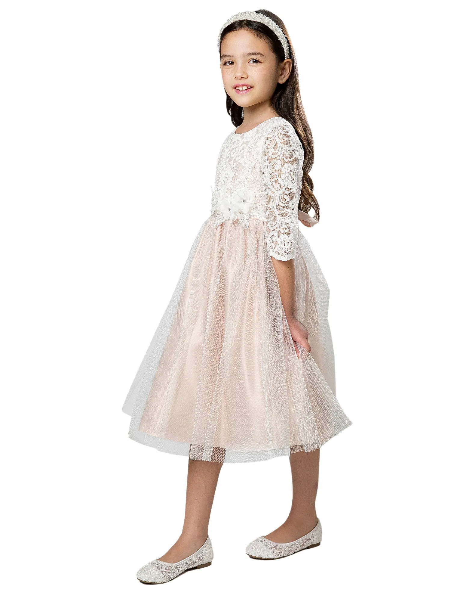 Big Girls Blush Floral Patch Waist Lace Junior Bridesmaid Dress 7-16