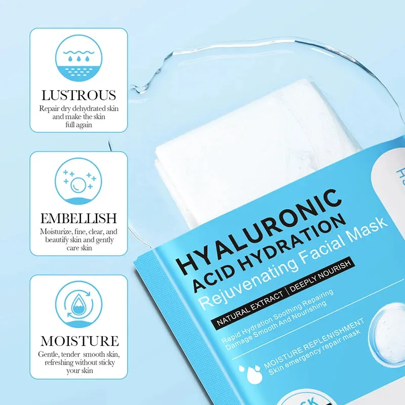 "Hyaluronic Acid Face Masks - Set of 10 for Skincare, Moisturizing, Hydrating, and Firming"